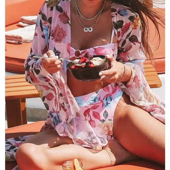 New Rose Floral Print Open Front Beach Cover Up - Picture 5 of 7